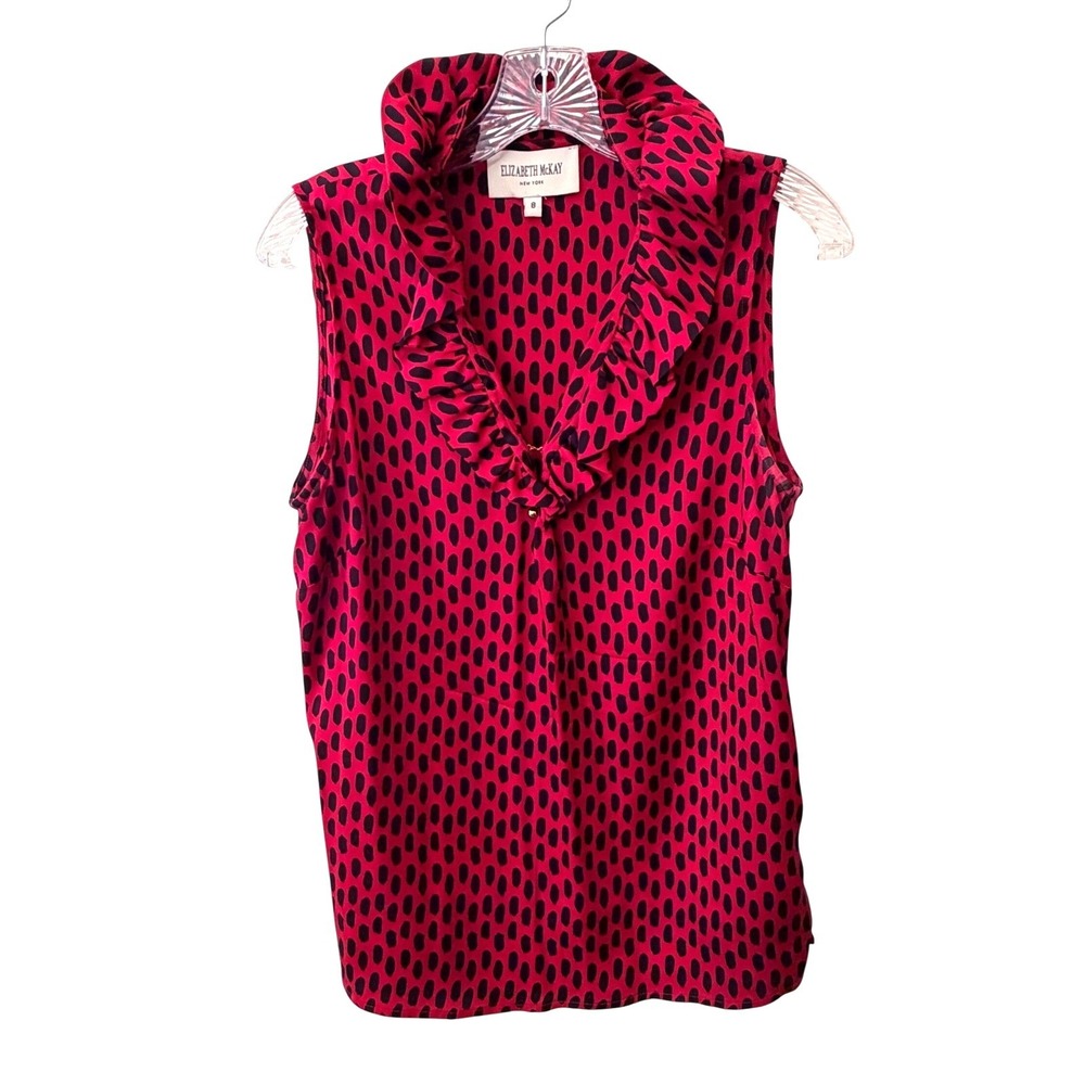 ELIZABETH MCKAY Red Black Dot Preppy Sleeveless Ruffle Neck Silk Blouse Sz‎ 8